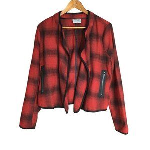 Ruff Hewn Grey Wool Blend Jacket Red Black Plaid Open Front Zip Pockets Size Med